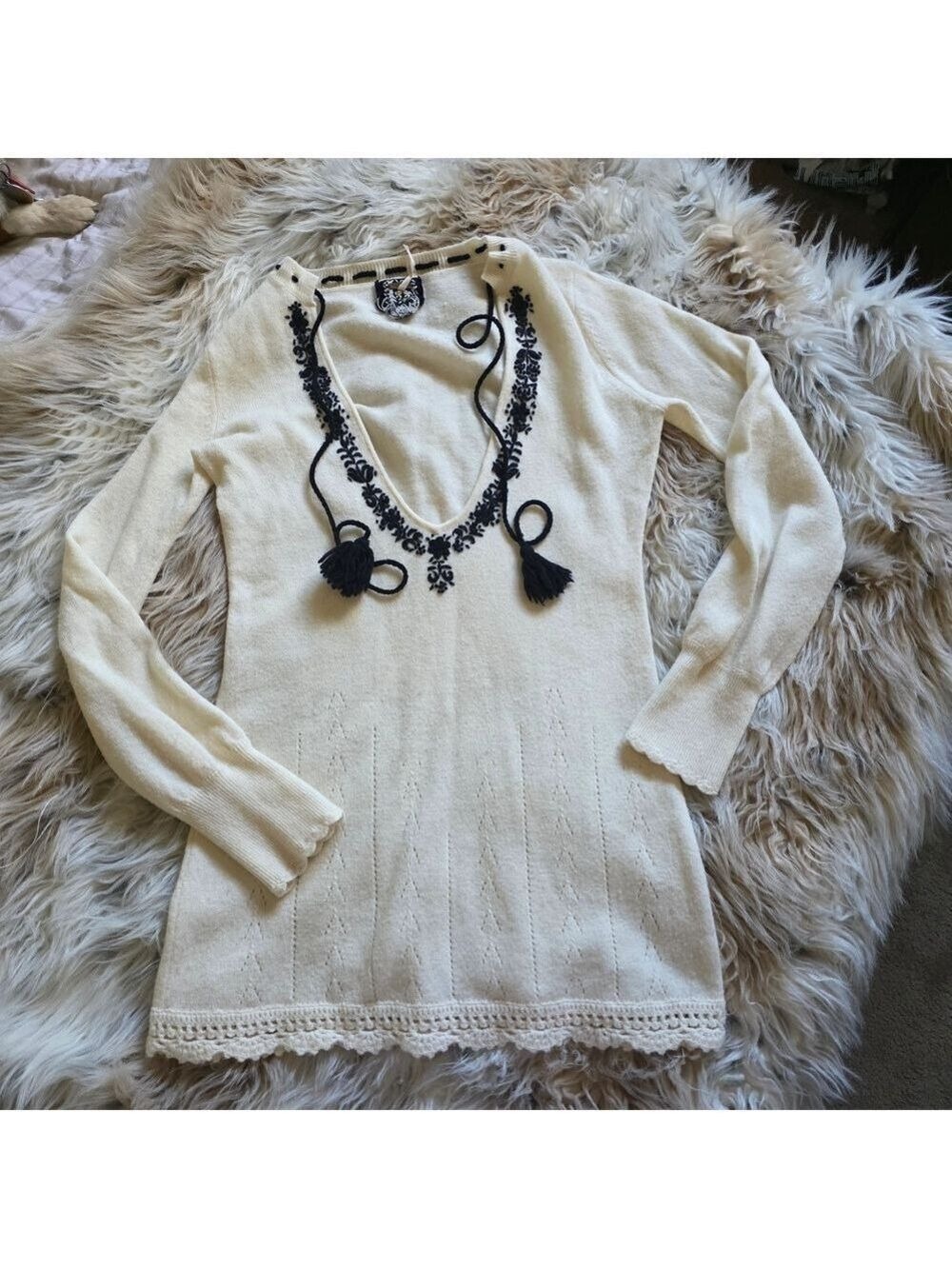 Free People Cream V Neck Sweater Black Embroidered Tassels